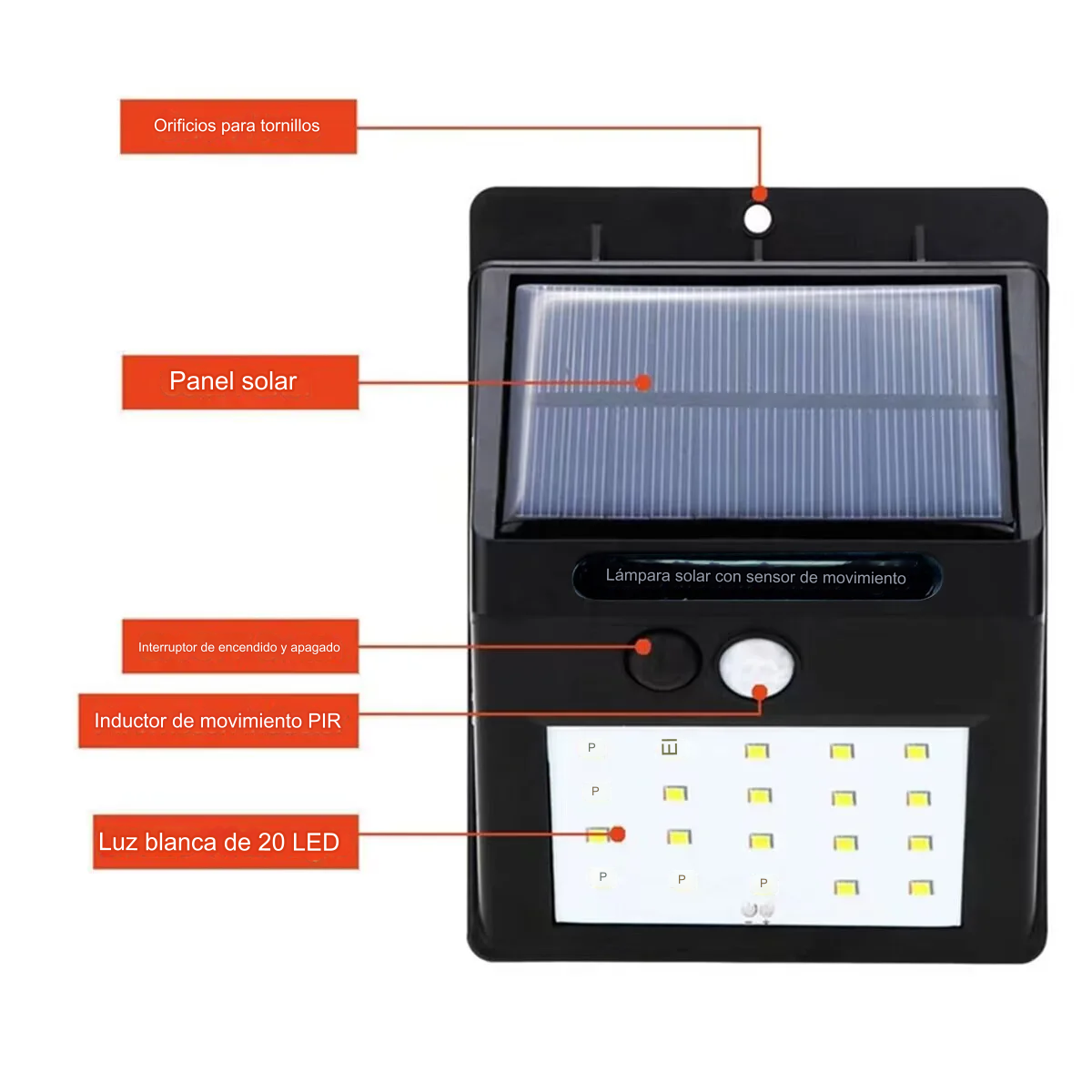Lampara Solar Exterior 30LED Recargable sensor de movimiento 9 translated image es 29